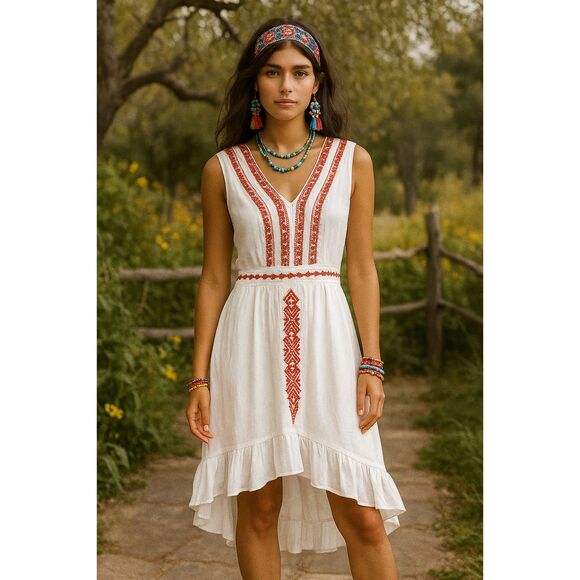 100% Cotton Embroidered Sleeveless Dress High-low Hem Boho-Chic Fit n Flare M - Picture 1 of 9